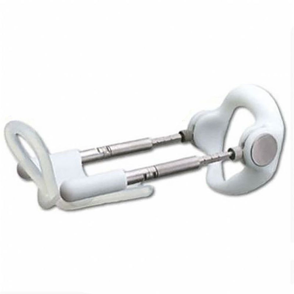 Vista lateral do Extensor Peniano Pro Extender Branco montado, evidenciando as hastes de tra��o e suportes