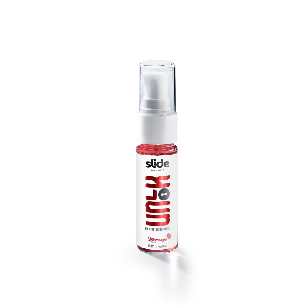 Gel para Sexo Anal Dessensibilizante UnLOK Morango 15ml, vista frontal do frasco