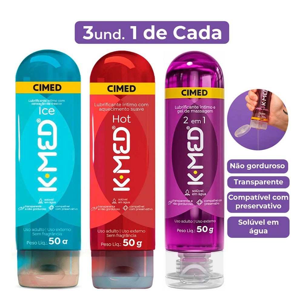 Kit K-Med Trio Lubrificantes �ntimos, com Ice, Hot e 2 em 1, cada um de 50g, mostrando os atributos: n�o gorduroso, transparente, compat�vel com preservativo e sol�vel em �gua.