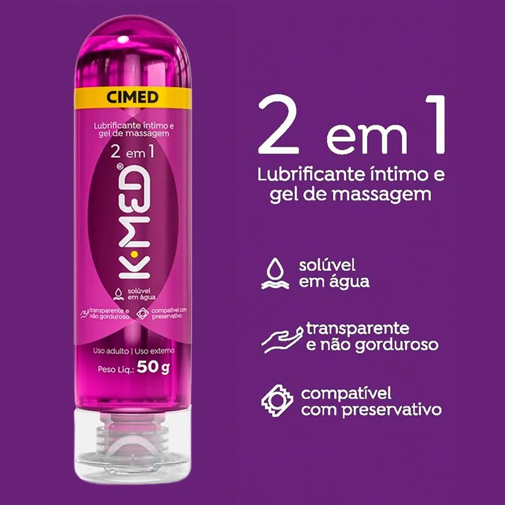 Detalhe do lubrificante K-Med 2 em 1 de 50g, com texto explicativo: lubrificante �ntimo e gel de massagem, sol�vel em �gua, transparente e n�o gorduroso, compat�vel com preservativo.