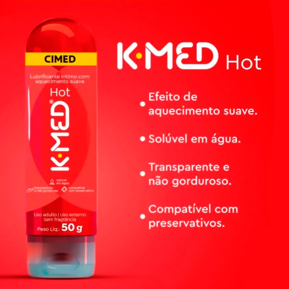 Detalhe do lubrificante K-Med Hot de 50g, com texto explicativo: lubrificante �ntimo com aquecimento suave, sol�vel em �gua, transparente e n�o gorduroso, compat�vel com preservativo.