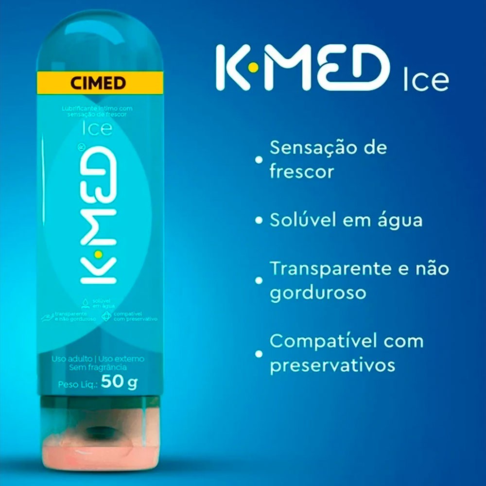Detalhe do lubrificante K-Med Ice de 50g, com texto explicativo: lubrificante �ntimo com sensa��o de frescor, sol�vel em �gua, transparente e n�o gorduroso, compat�vel com preservativo.