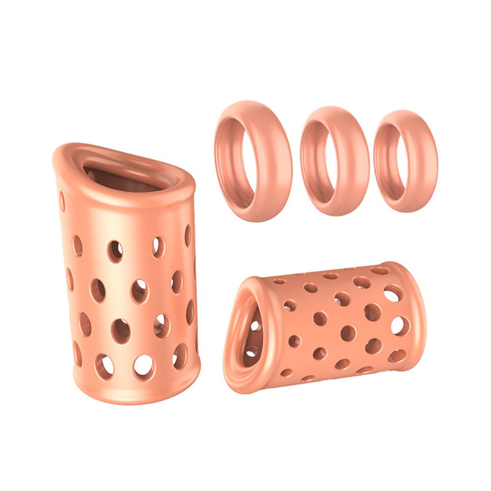 Anel Peniano Flex�vel em Elast�mero Kit com 5 Unidades Transparente, mostrando os an�is e o anel perfurado em elast�mero bege