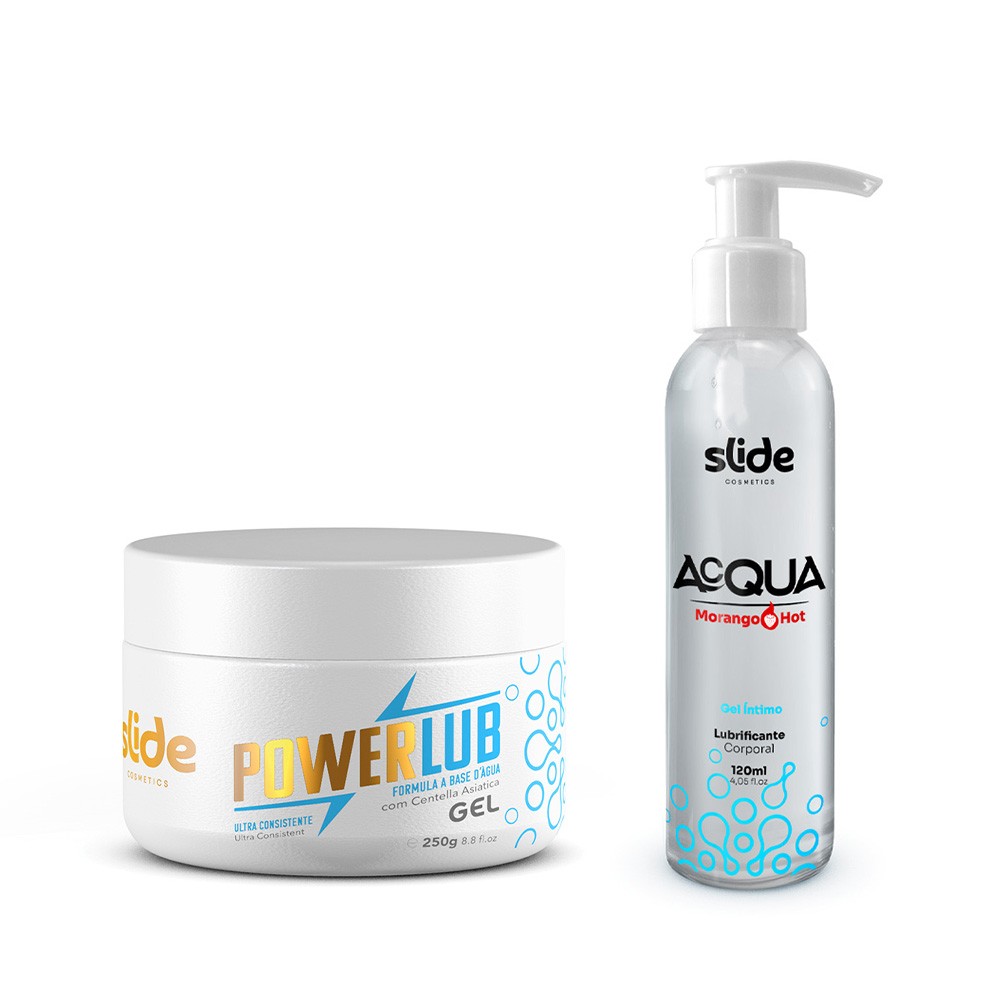 Combo Super de lubrificantes com Acqua Morango Hot e PowerLub Gel com tampa, mostrando o conte�do interno