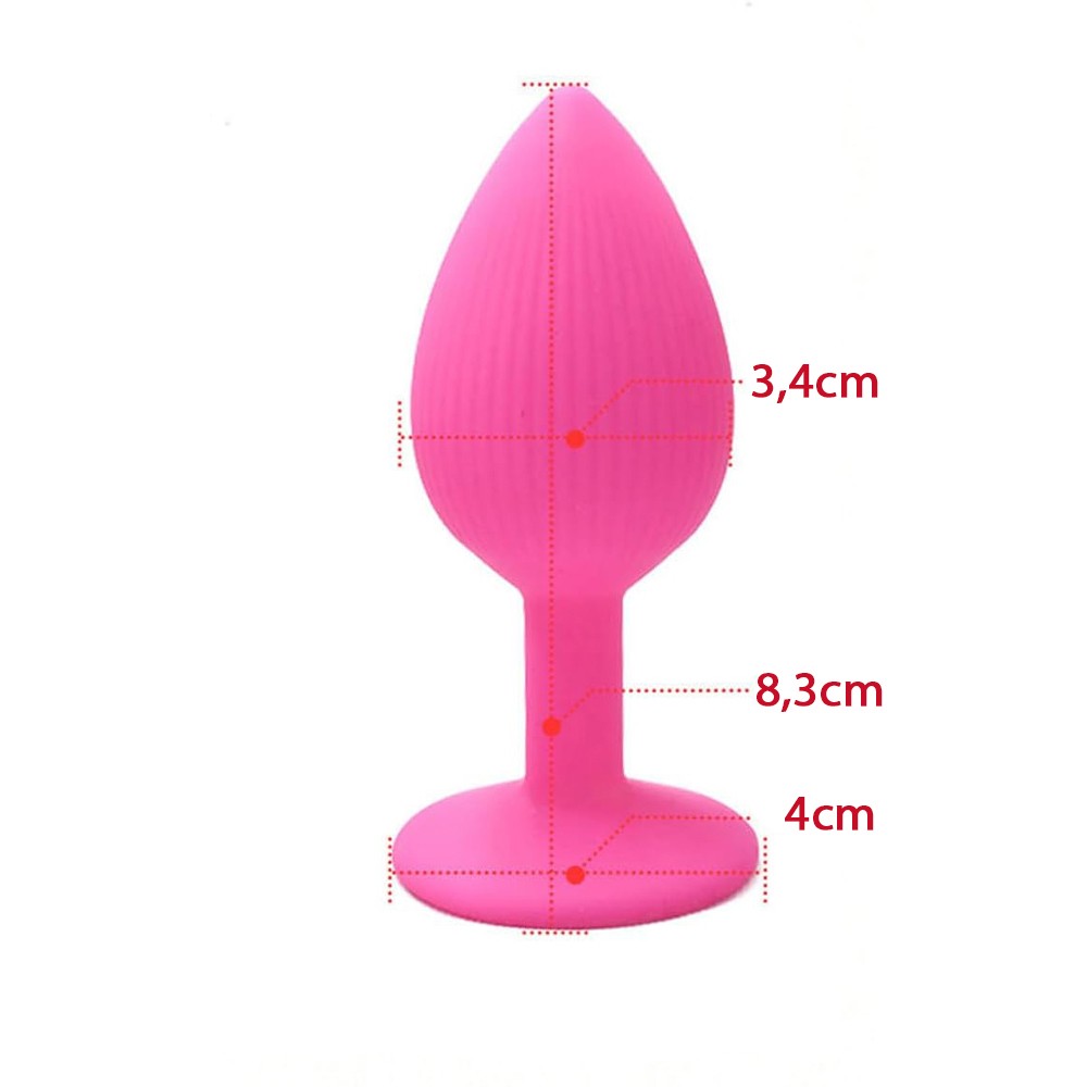 Plug Anal em Silicone Rosa, vista inferior da base de ventosa, mostrando a flexibilidade do material