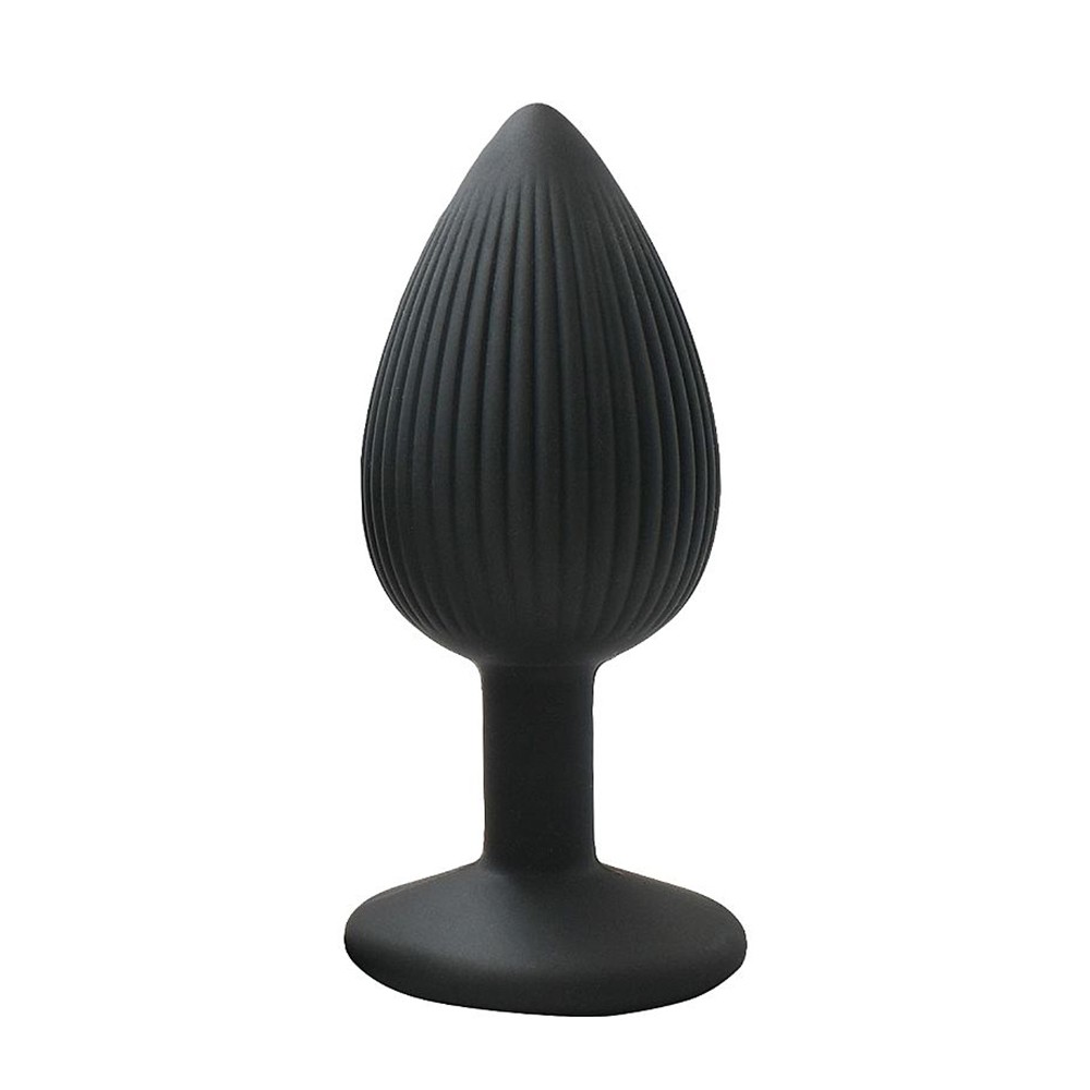Plug Anal em Silicone Preto com Ventosa em vista frontal, destacando seu design anat�mico e textura aveludada.