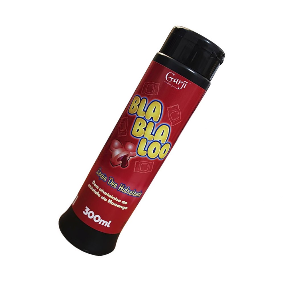 Lo��o Deo Hidratante BlaBlaLoo Chiclete de Morango 300ml em �ngulo din�mico, mostrando r�tulo e tampa