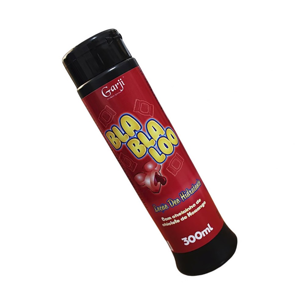 Lo��o Deo Hidratante BlaBlaLoo Chiclete de Morango 300ml, mostrando o bico dosador e a tampa flip-top preta