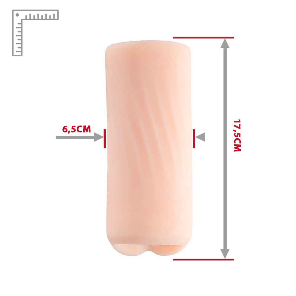vista traseira do masturbador masculino em cyberskin liso bege, mostrando o formato final e a base do produto