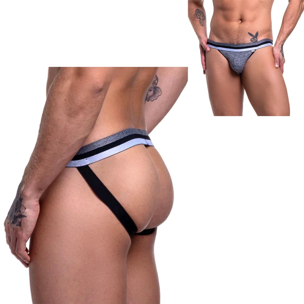 Cueca Sensual Jockstrap Cinza com El�stico e Abertura Atr�s - Vista traseira que mostra o el�stico e a abertura