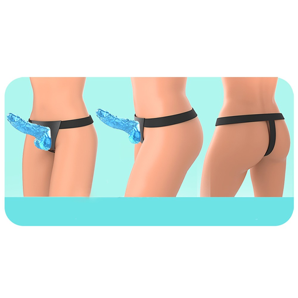 Cinta Peniana com P�nis Real�stico em Jelly com Escroto e Ventosa 15cm Preto - vista da cinta com dildo acoplado, uso em pessoa