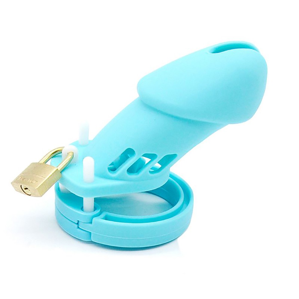 Cinto de castidade em silicone azul com cadeado dourado, vista lateral em fundo branco