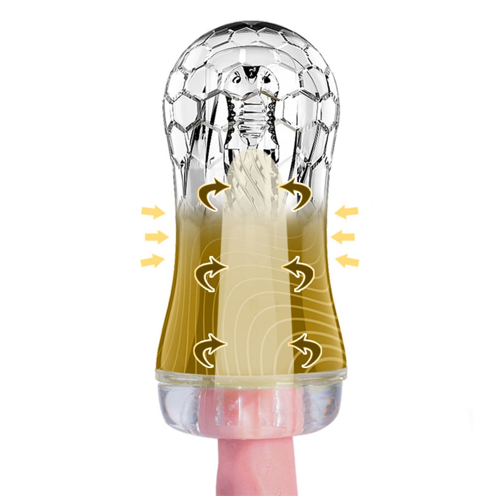 Masturbador Masculino Cup Yellow Geo com o p�nis simulado no interior, destacando as texturas