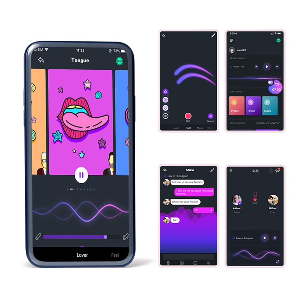 Conjunto de telas do APP Magic Motion mostrando funcionalidades de controle, chat e intera��o para o Vibrador Nyx Verde
