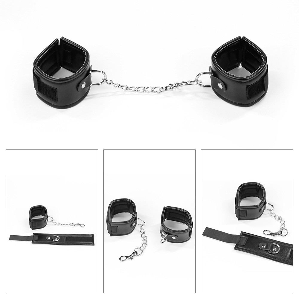 Kit Bondage em PU Preto | Algemas, flogger, morda�a e venda em PU de imita��o de couro, exibidos sobre fundo branco