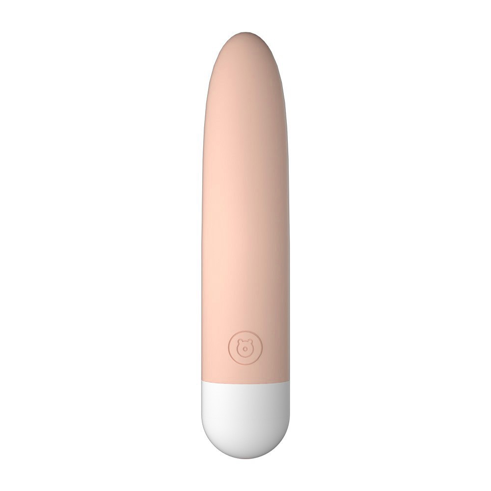 Vibrador Bullet de Silicone Bege, foto mostrando o vibrador fora da caixa, destacando sua cor e corpo liso