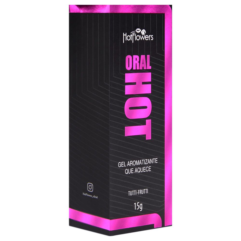 Embalagem do Gel Oral Hot Tutti-Frutti 15g, vista em perspectiva para detalhes gr�ficos