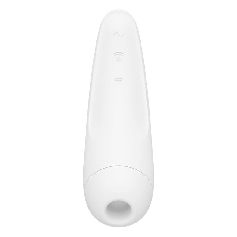 Vista frontal do Vibrador para Clit�ris Satisfyer Curvy 2+ branco, mostrando a abertura para a pulsa��o de ar e os bot�es de controle.