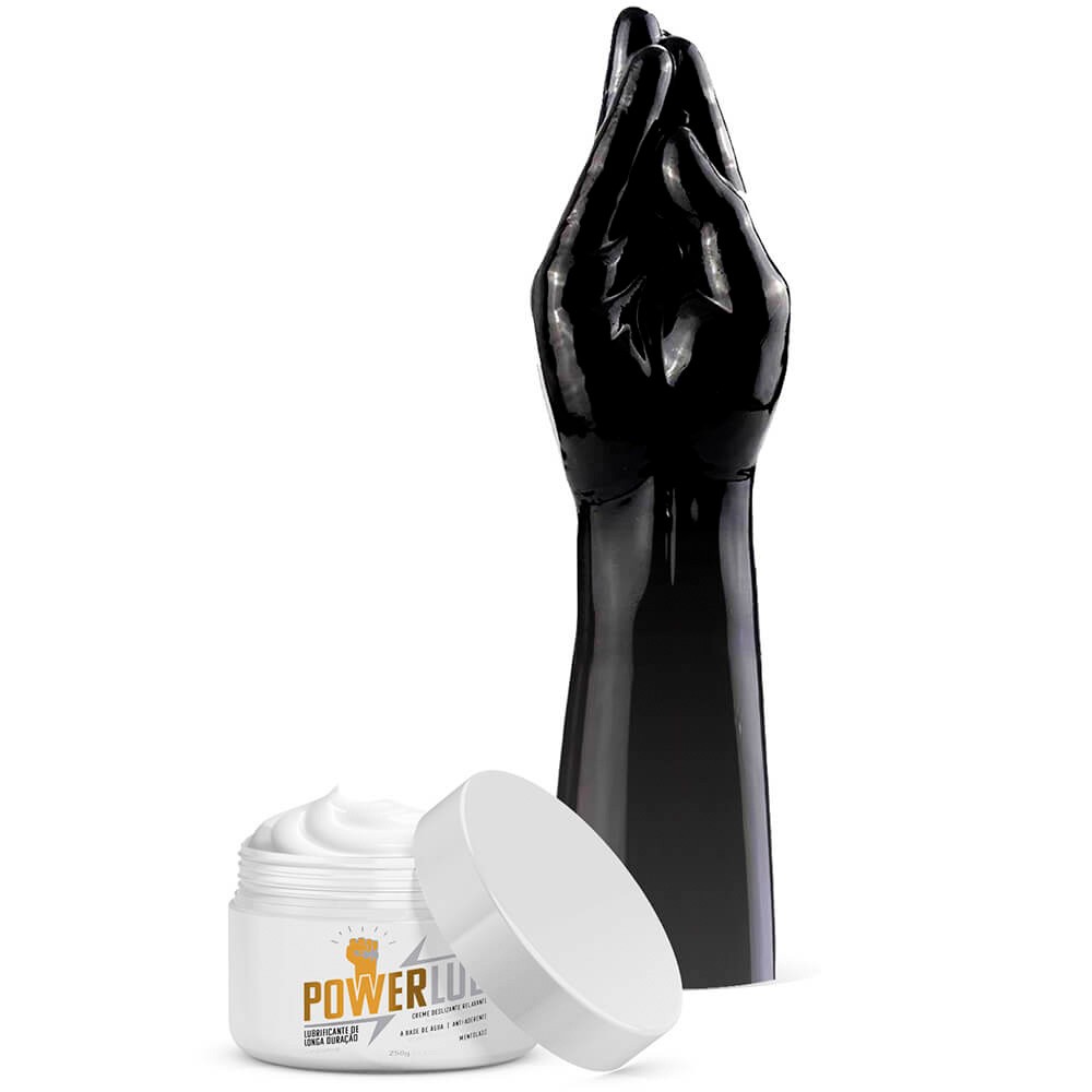 Um pote de Lubrificante PowerLub para Fisting com �leo Coco 250g ao lado de uma luva preta, sugerindo o uso para fisting.