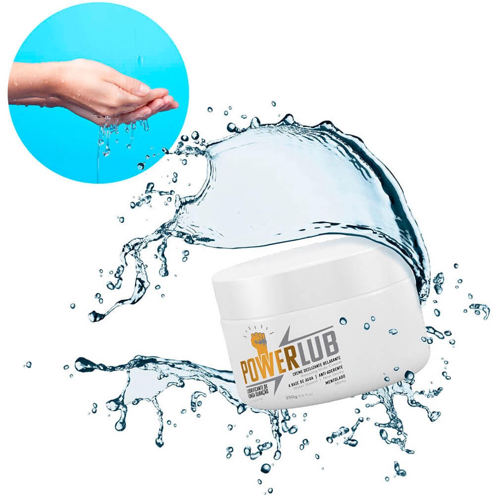 Vis�o frontal de um pote de Lubrificante PowerLub para Fisting com �leo Coco 250g, destacando a marca e as informa��es do produto.