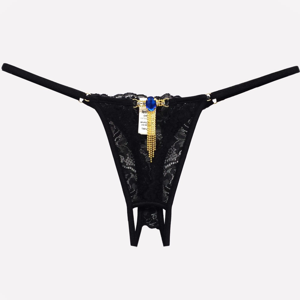 Calcinha String Fio Dental com Bijoux e Abertura na Vagina Preta, vista superior destacando a bijoux e o design da renda