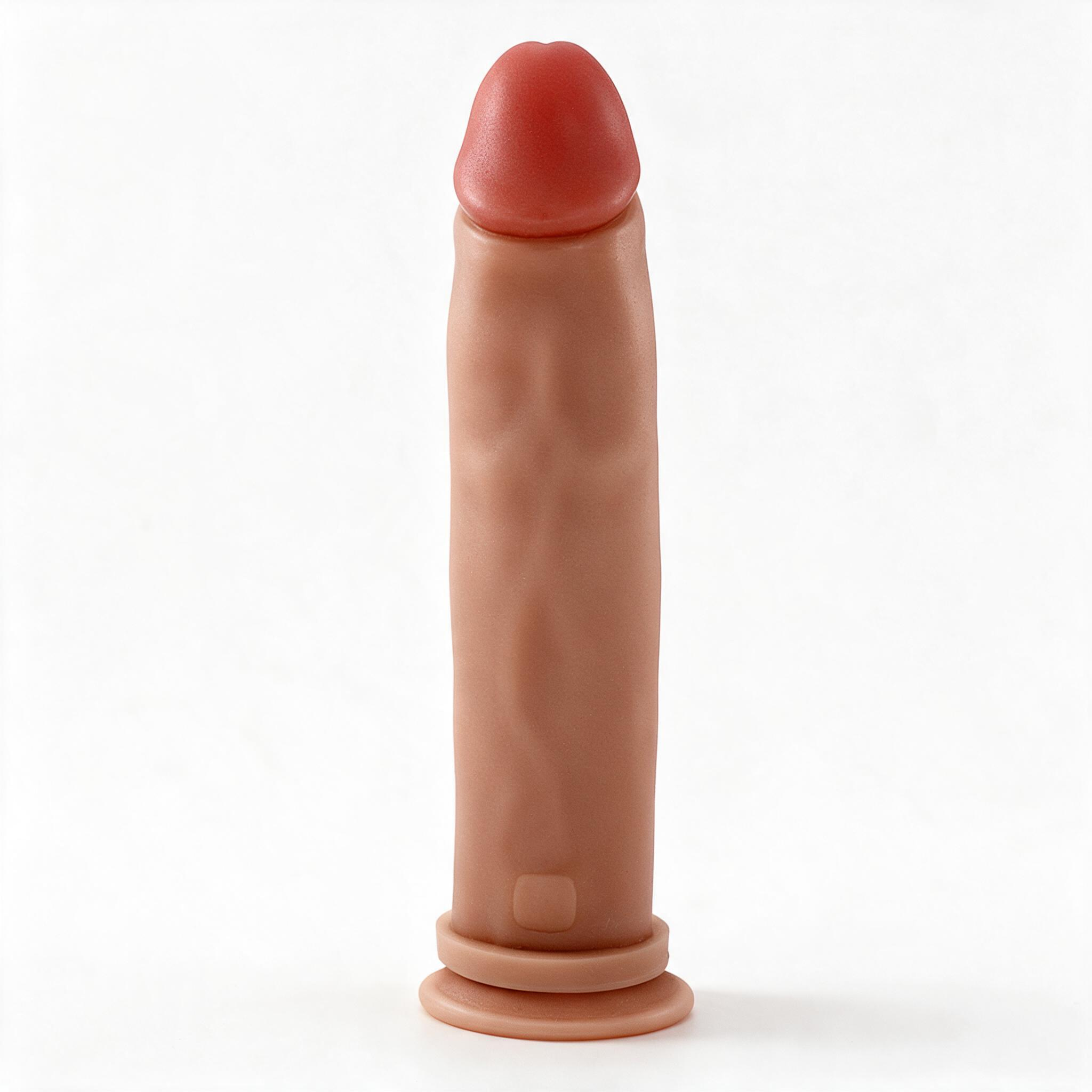 Vista frontal do P�nis Gigante Fabuloso bege, mostrando o formato anat�mico e a ventosa na base, em fundo branco
