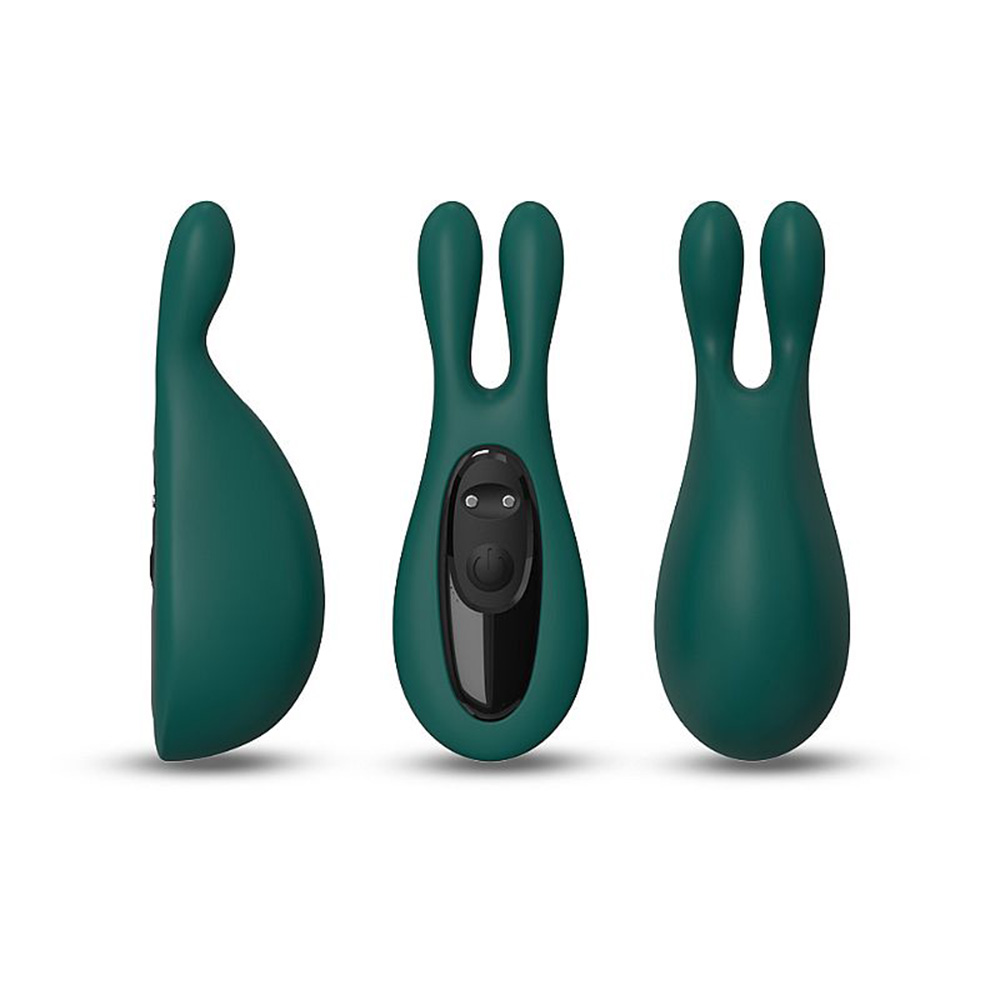 Vibrador para Clit�ris Recarreg�vel em Silicone Rabbit Verde em tr�s vistas: lateral, frontal e traseira