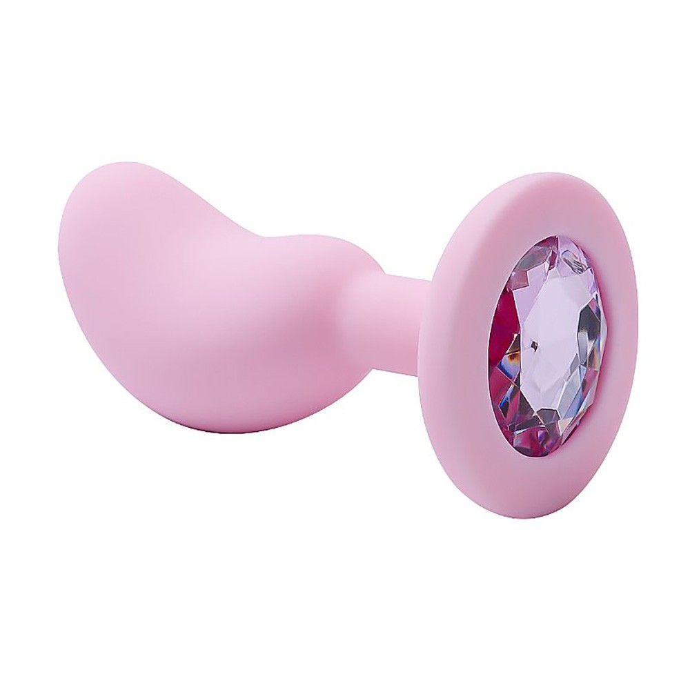 Plug Anal Joia de silicone rosa, com vista lateral destacando o formato ergon�mico de feij�o para f�cil inser��o