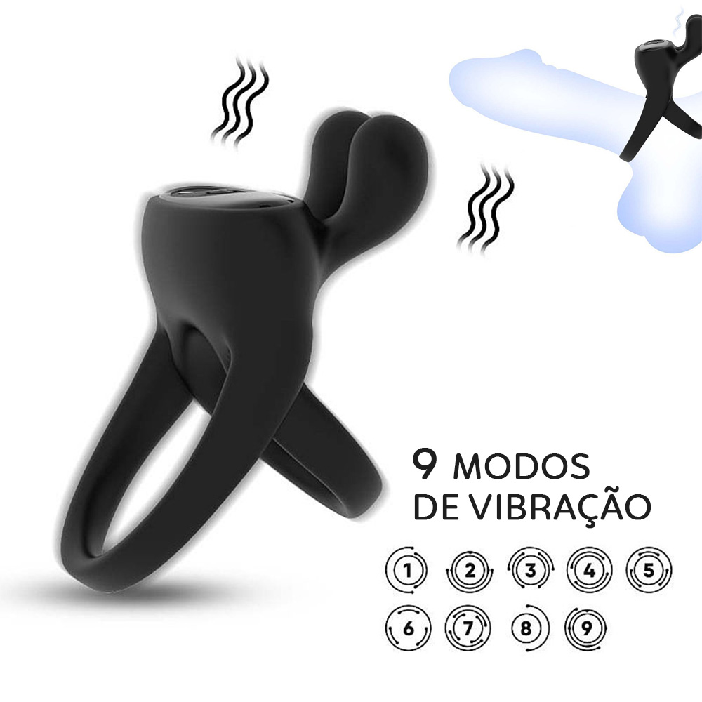 Anel peniano e escrotal Rabbit preto em silicone, destacando os 9 modos de vibra��o com �cones visuais
