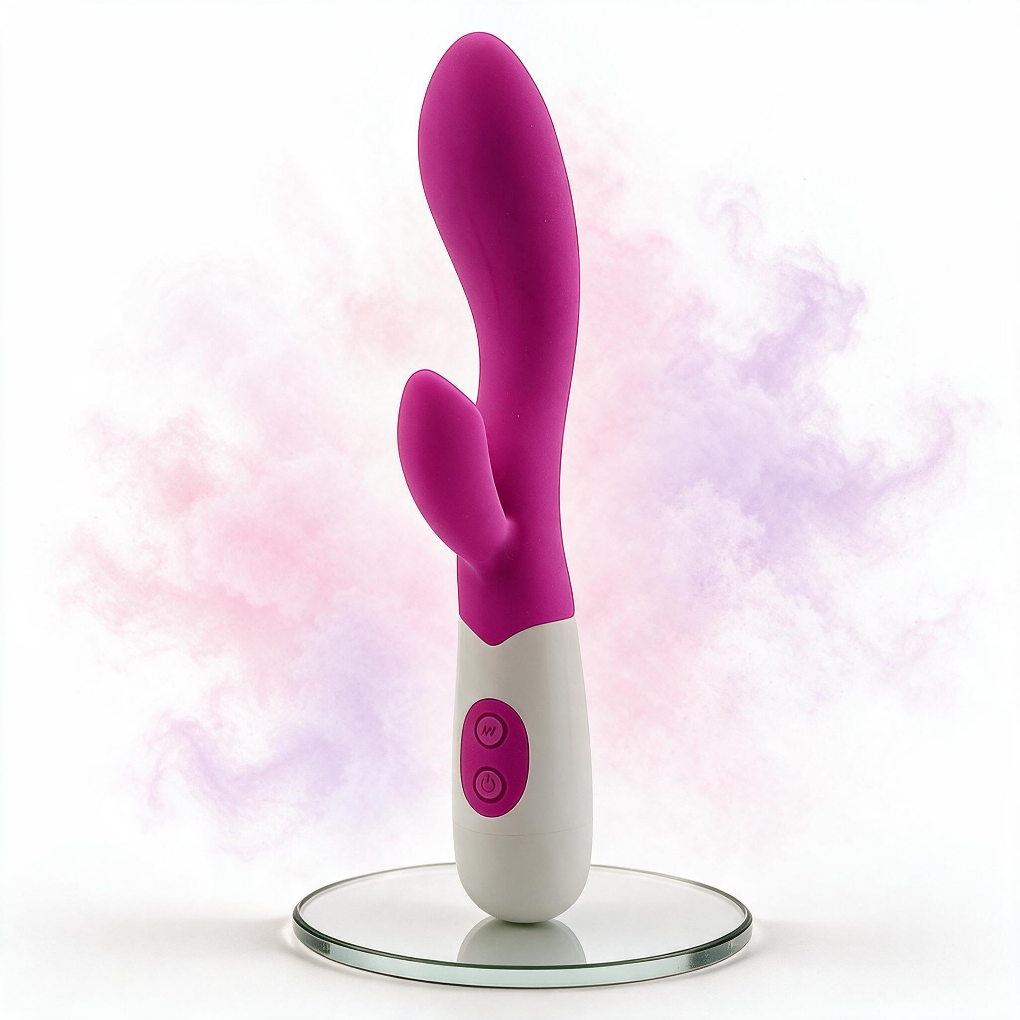 Vibrador duplo em silicone Brid Pink em um angulo que destaca sua curvatura e as duas hastes de estimulacao, com fundo branco