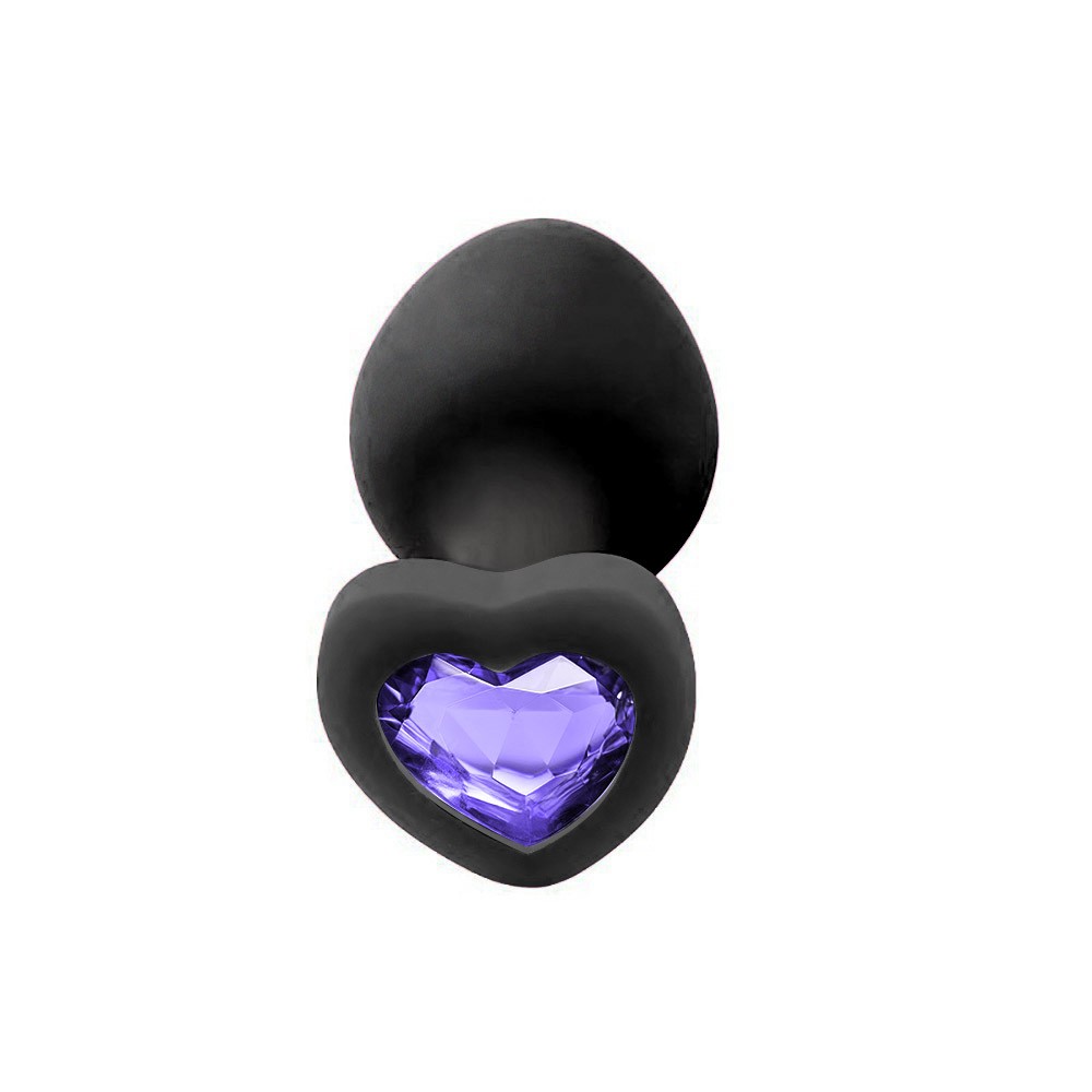 Vista lateral do Plug Anal Joia em Silicone Preto evidenciando o formato anat�mico em gota e a base cora��o