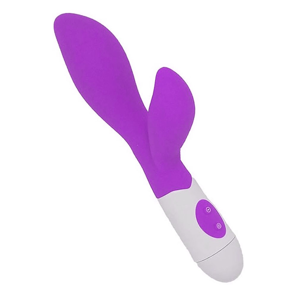 Vibrador Duplo em Silicone (Toque Aveludado) com 30 Vibra��es Brid Roxo, vista superior angulada com detalhes do corpo de silicone