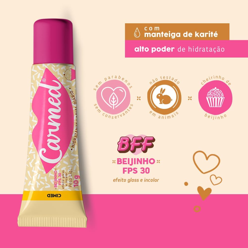 Detalhes da embalagem do Carmed Beijinho com �cones de 'sem parabenos', 'n�o testado em animais', 'cheirinho de beijinho' e FPS 30
