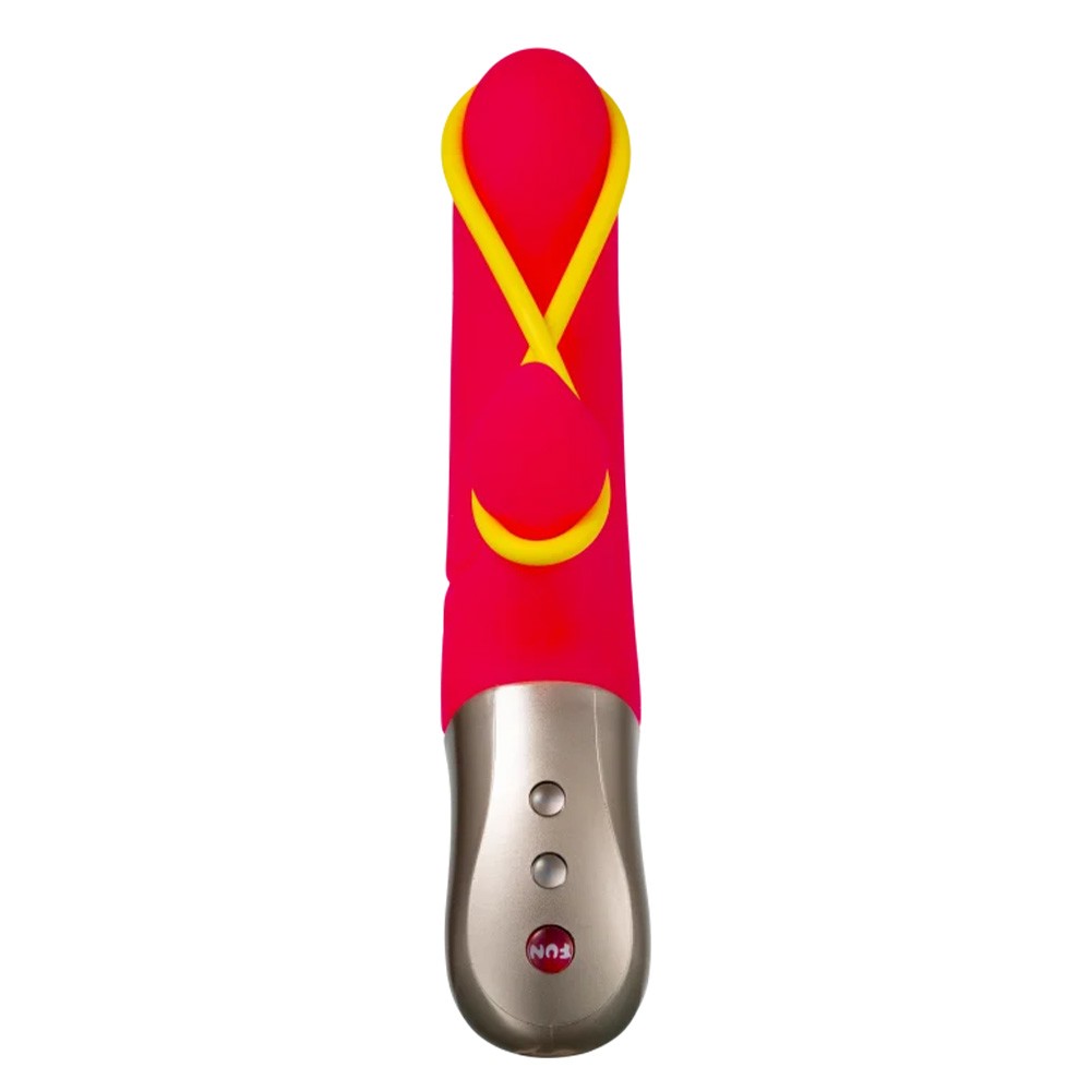 Vista frontal do Vibrador Duplo Amorino Pink, real�ando o design curvo, os detalhes das texturas e os controles na base