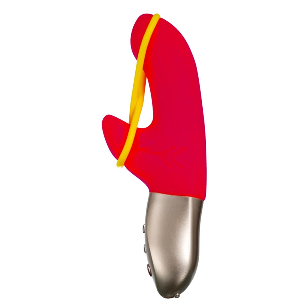 Detalhe do bra�o externo do Vibrador Duplo Amorino Pink, evidenciando sua flexibilidade e o material em silicone amarelo, projetado para estimula��o clitoriana