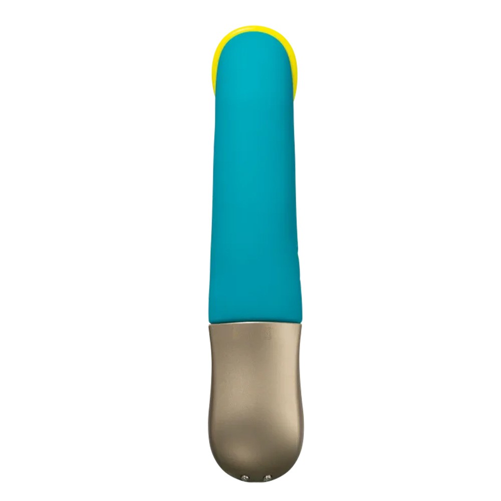 Vista traseira do Vibrador Duplo Amorino Azul, real�ando o formato da haste principal e a textura do silicone.