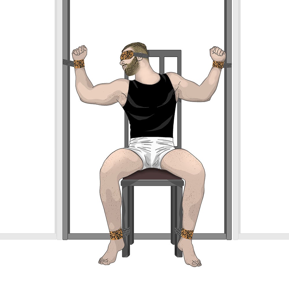 Ilustra��o de uso do Kit Bondage na porta, algemas de leopardo em pulsos e tornozelos de modelo sentado
