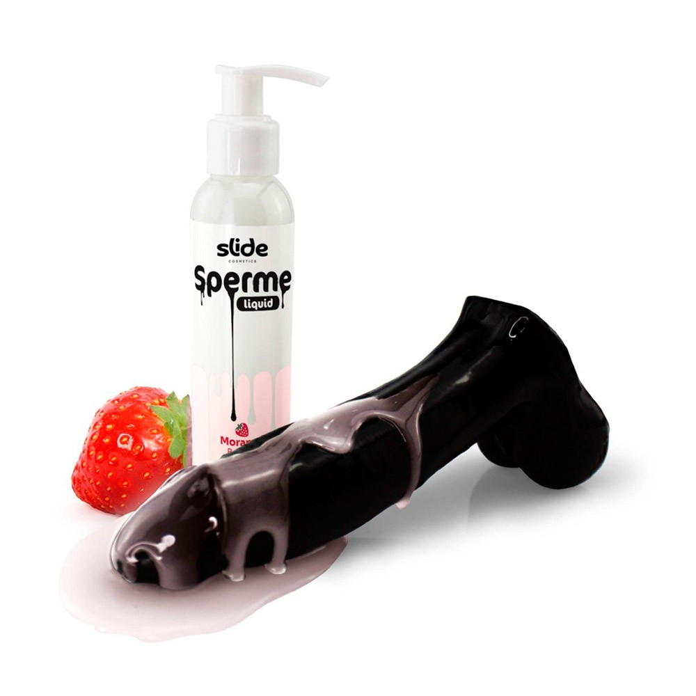 Lubrificante S�men Morango da Slide Cosmetics ao lado de um p�nis de borracha preto coberto com o lubrificante, em um fundo branco