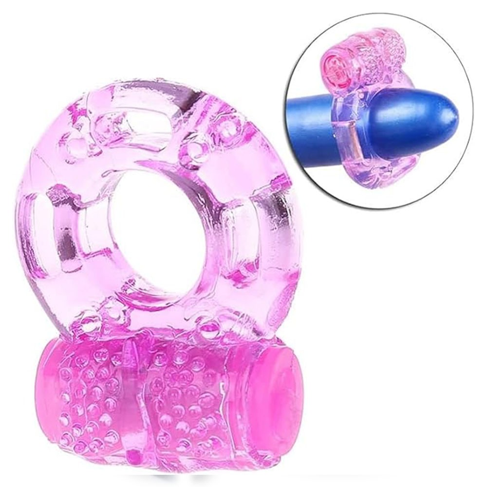 Kit Spray Retardante Intensificador de Ere��o EnDURE e Anel Peniano com Vibrador Rosa, focado no anel vibrat�rio com detalhes de relevo e cor rosa transl�cida