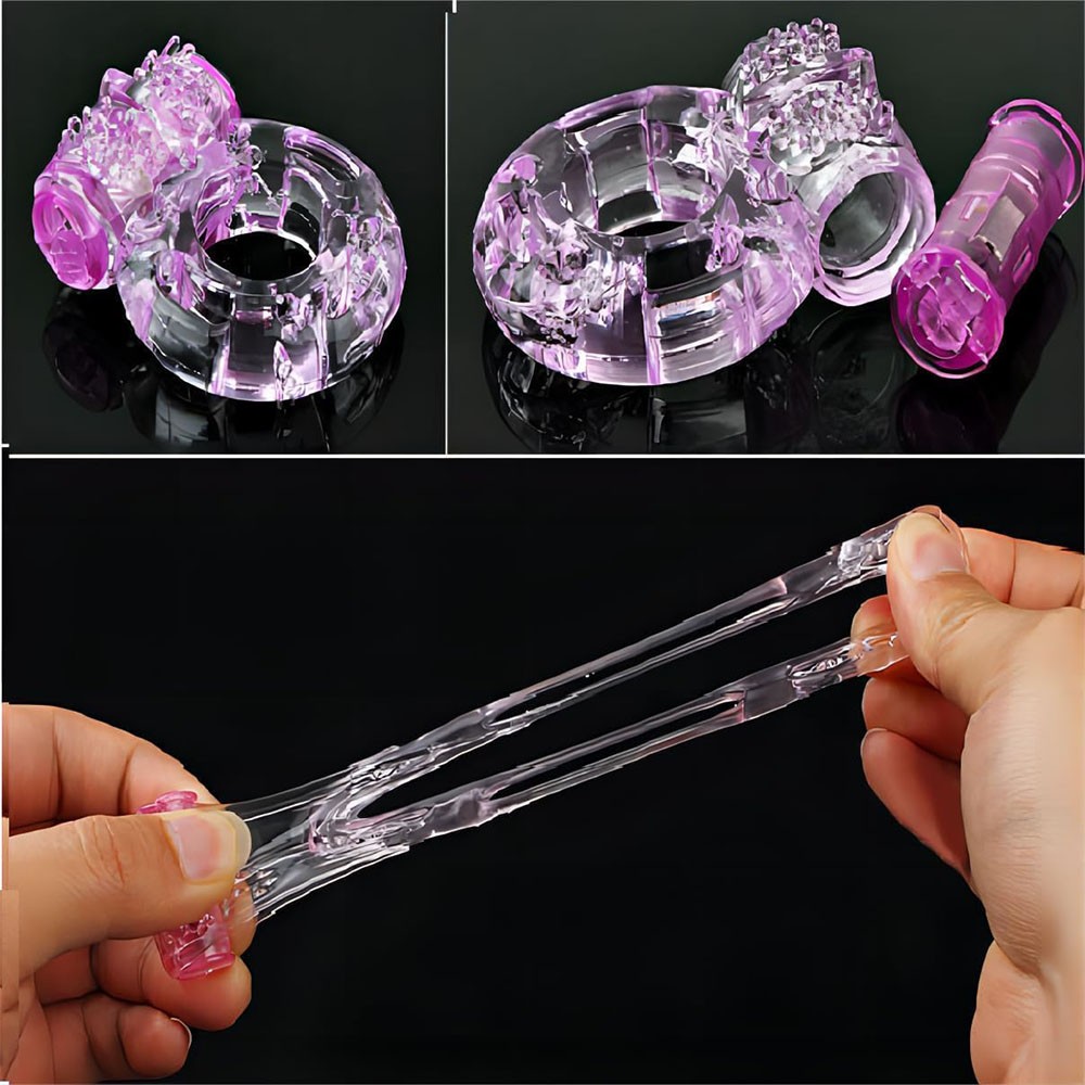 Conjunto de an�is penianos vibrat�rios em diferentes �ngulos, exibindo a flexibilidade do material e o vibrador destac�vel