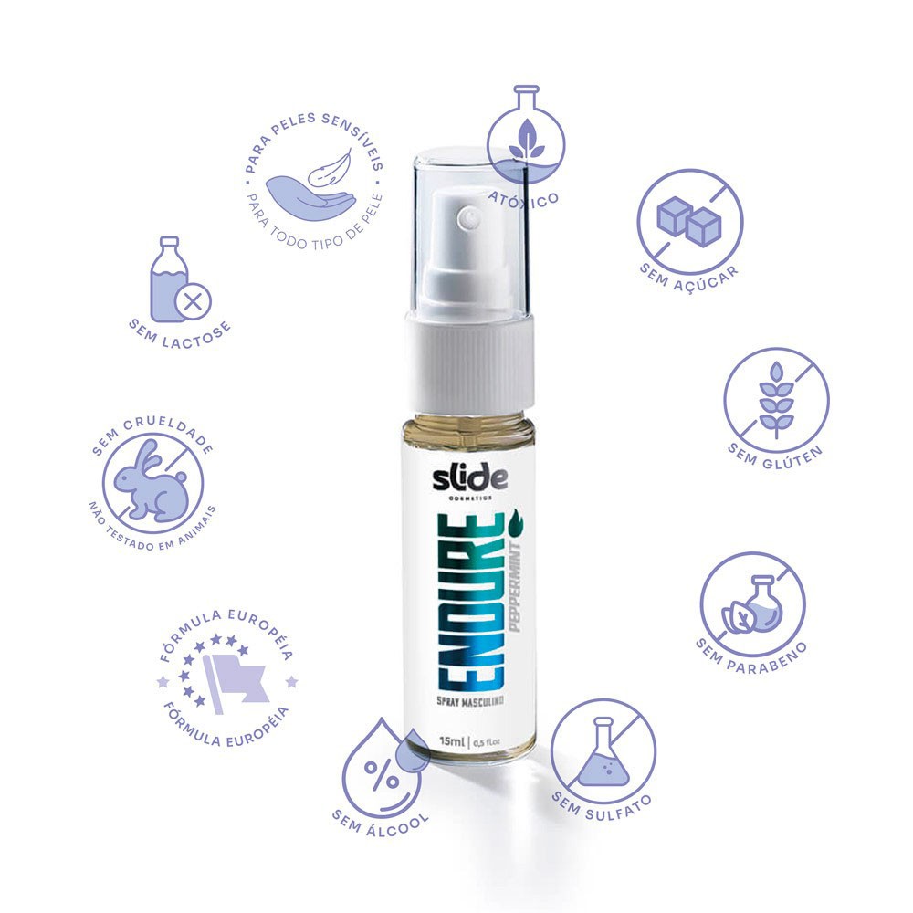 Vista lateral do Spray Retardante Intensificador de Ere��o EnDURE 15ml, com r�tulo azul e detalhes da marca Slide Cosmetics