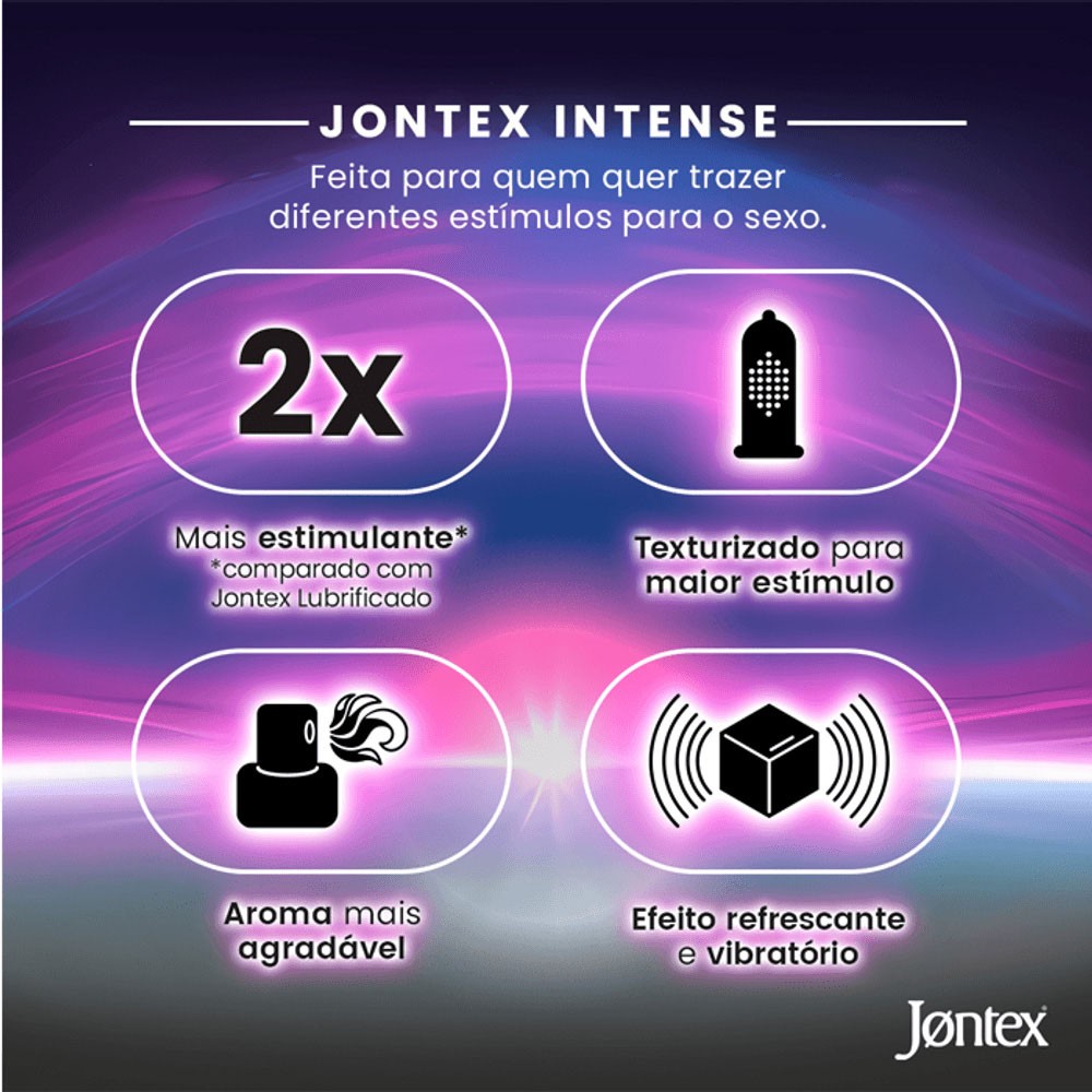 Preservativo Jontex Intense com destaque para '2x Mais Estimulante', 'Texturizado para maior est�mulo', 'Aroma mais agrad�vel' e 'Efeito refrescante e vibrat�rio'