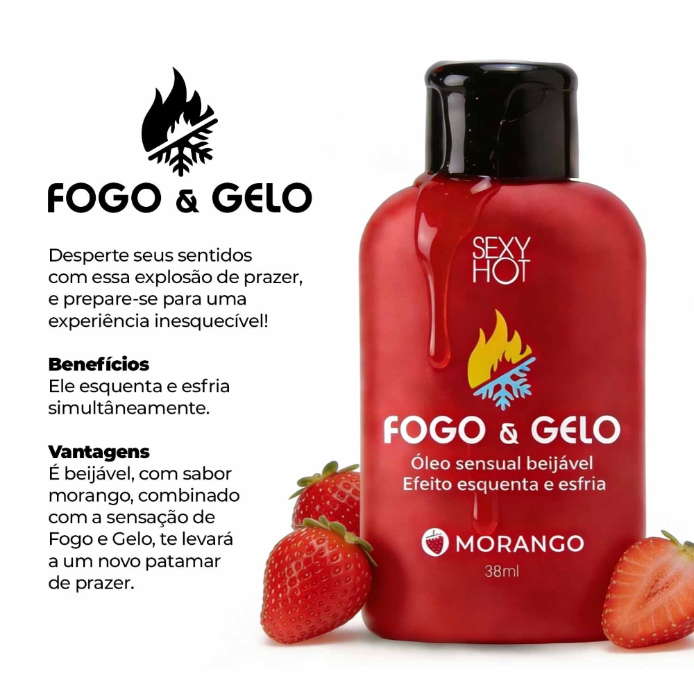 �leo para massagem Fogo e Gelo Sabor Morango com Benef�cios e Vantagens destacados: esquenta e esfria, beij�vel, com morango, para experi�ncia inesquec�vel