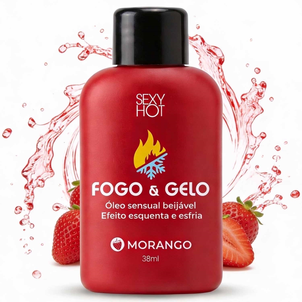 Frasco de �leo Fogo e Gelo Sabor Morango 38ml em vista de topo com tampa, mostrando o design compacto e pr�tico