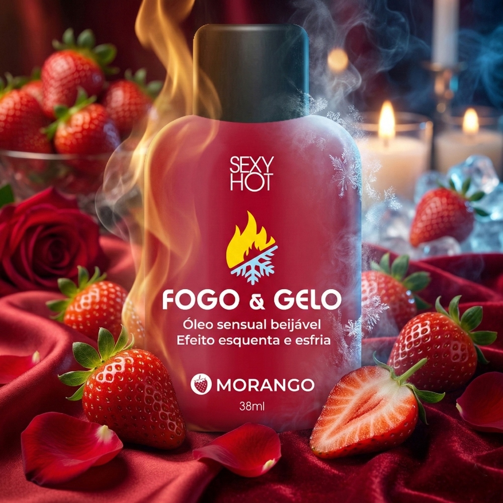Frasco de �leo Fogo e Gelo Sabor Morango 38ml em perspectiva diagonal, evidenciando o tamanho e a embalagem vermelha com r�tulo Sexy Hot