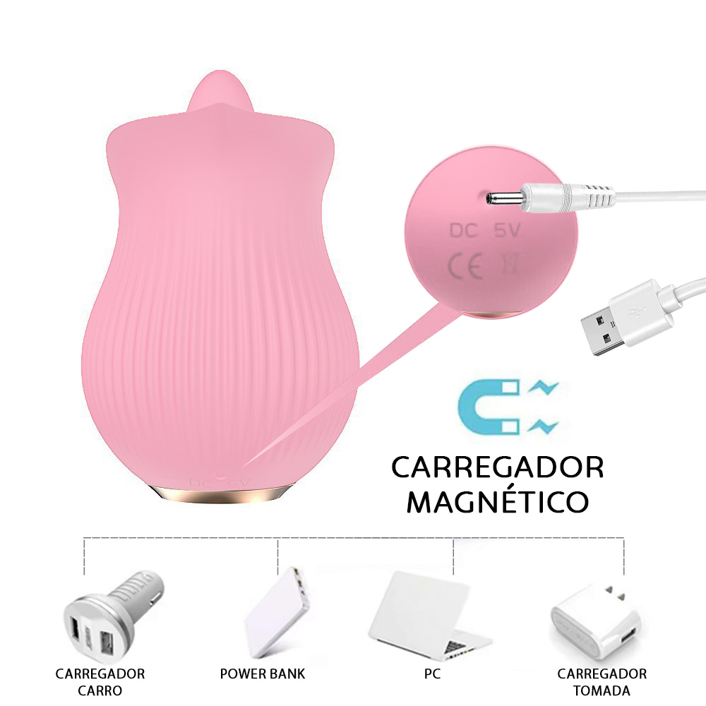 Vibrador para Clit�ris L�ngua Recarreg�vel em Silicone Aveludado com 12 Vibra��es Rosa - Detalhe da base de carregamento e bot�es de controle