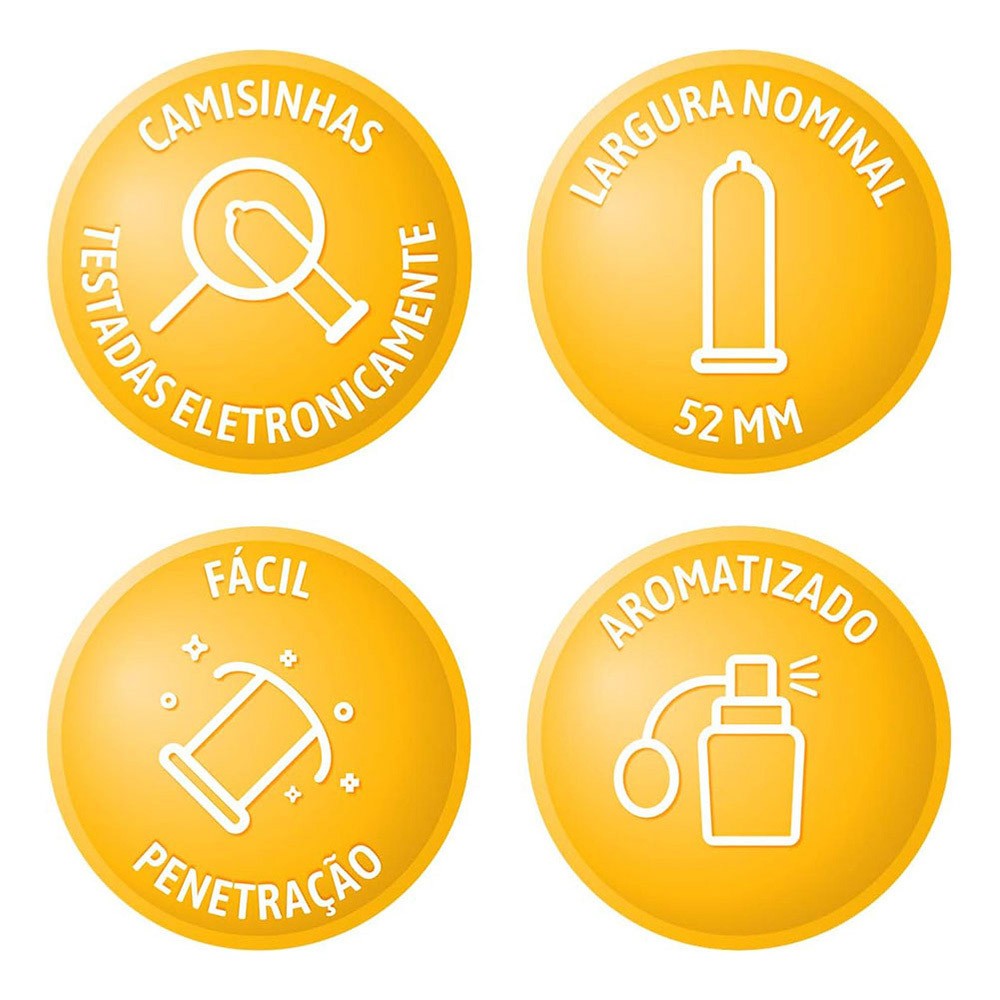 Informa��es detalhadas sobre Preservativo Blowtex, mostrando caracter�sticas como material de l�tex, lubrificante de silicone, e largura de 52mm