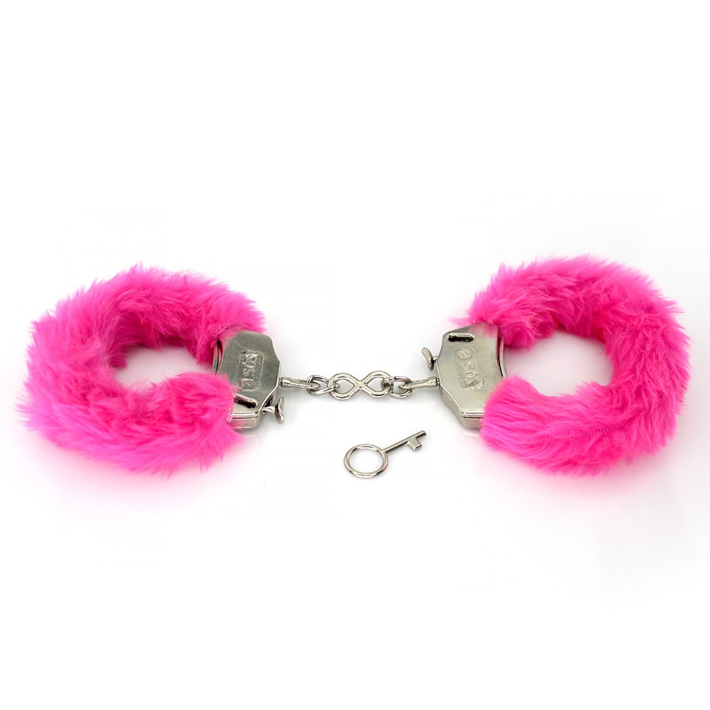 Algema de Metal e Pel�cia com Regulagem e Chaves Pink | Vista superior da algema aberta com chaves