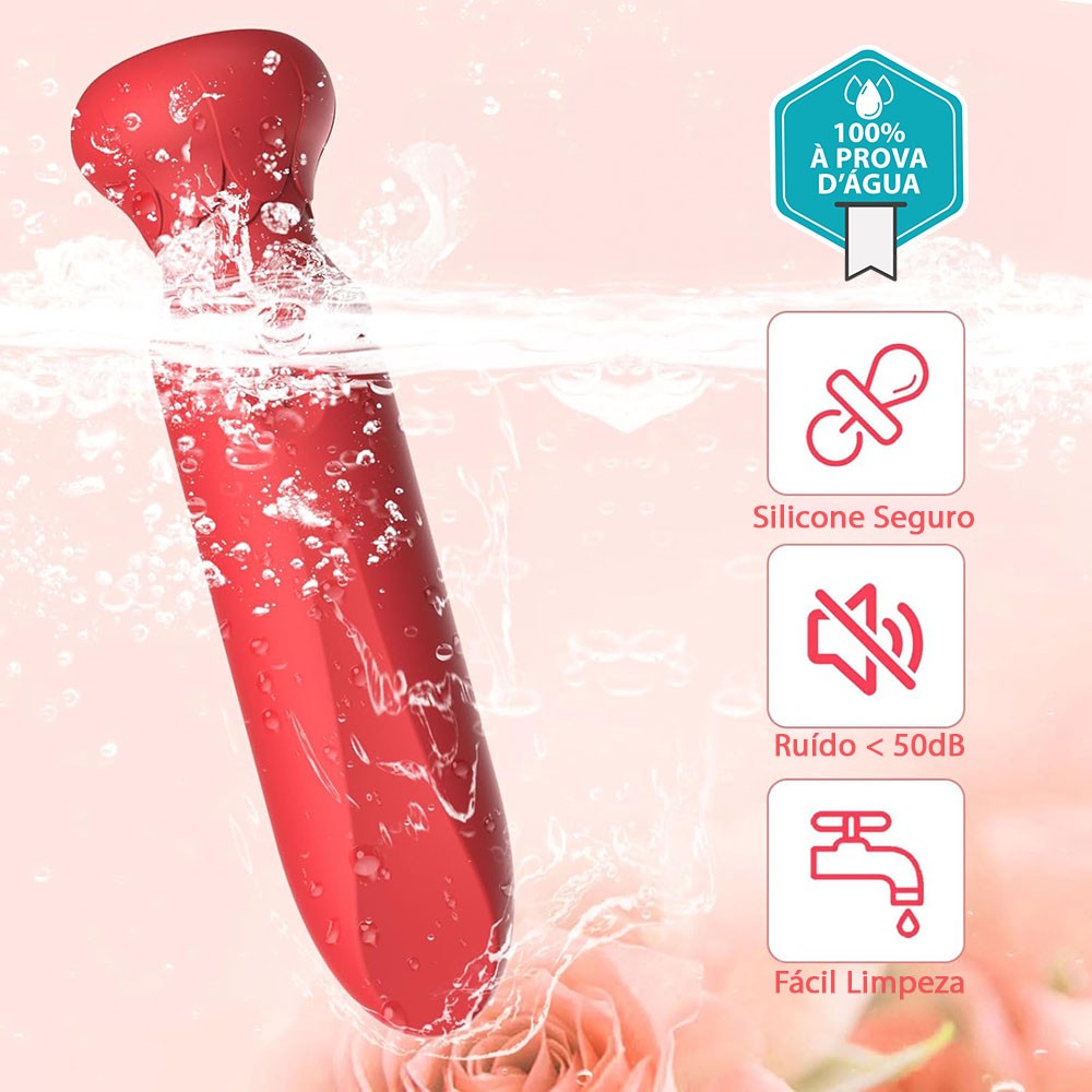 Vibrador Bullet Neo Vermelho submerso em �gua, destacando a caracter�stica 100% � prova d'�gua, silicone seguro e limpeza f�cil