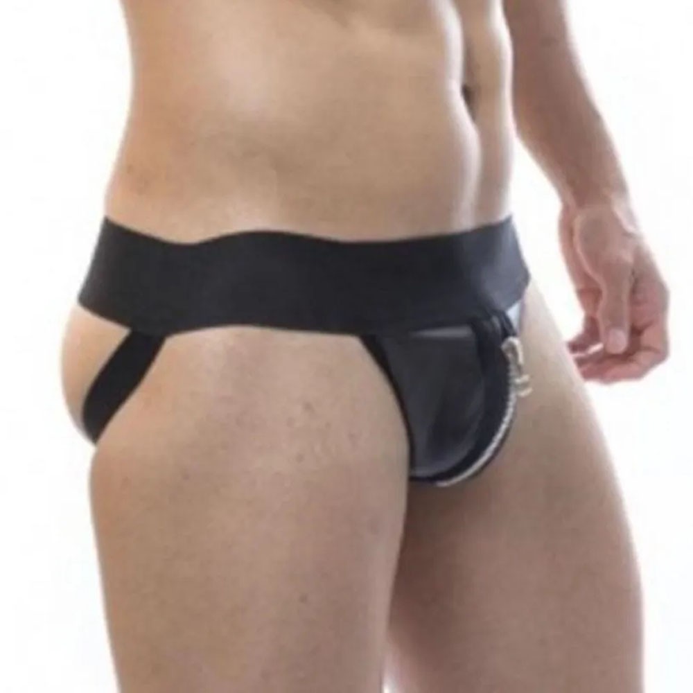 Close da Cueca Jockstrap Sensual Preta em Cirre com Z�per Frontal